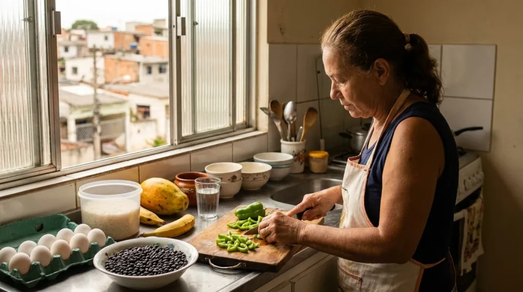 Preparo de refeição equilibrada com legumes, ovos, arroz e feijão em cozinha doméstica