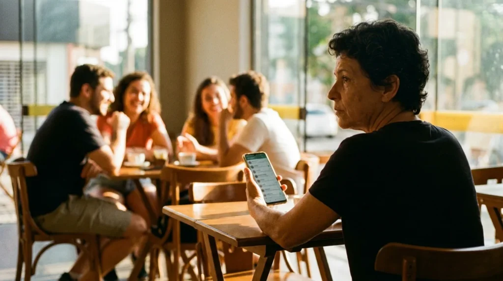 Adulto sozinho em café com mensagens não respondidas no celular, grupo de amigos ao fundo