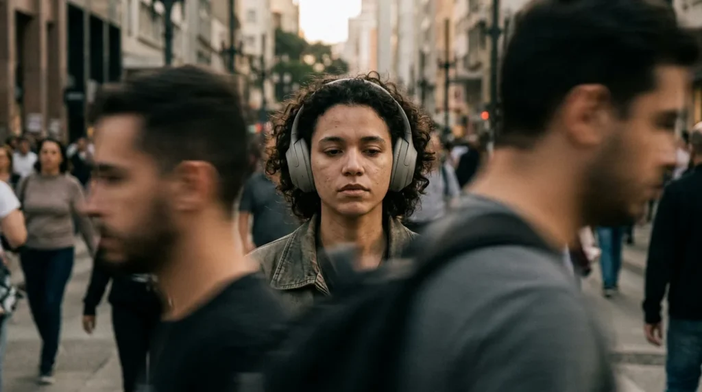 Jovem adulto com fones abafadores de ruído em ambiente urbano movimentado