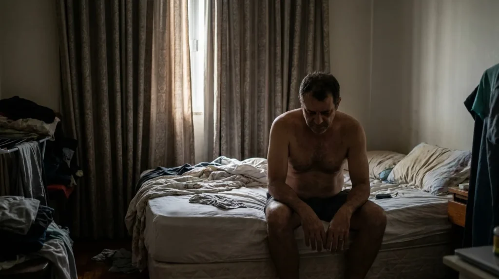 Adulto sentado na beira da cama pela manhã, cabisbaixo, sinal de desânimo e depressão