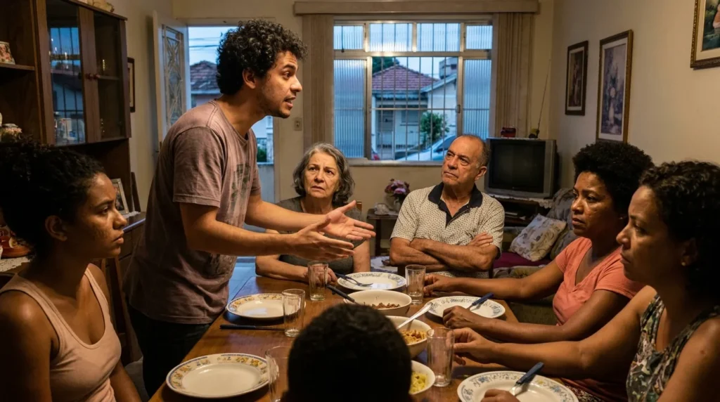 Jovem adulto explicando o TDAH para familiares à mesa de jantar