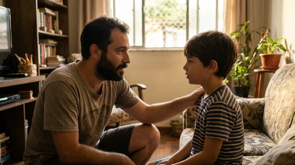 Pai agachado na altura do olhar do filho, conversando com atenção e acolhimento