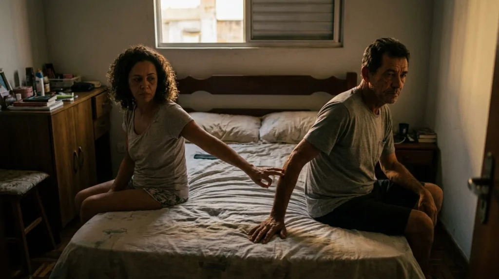 Casal adulto sentado em lados opostos da cama, retratando distância e reconexão afetiva