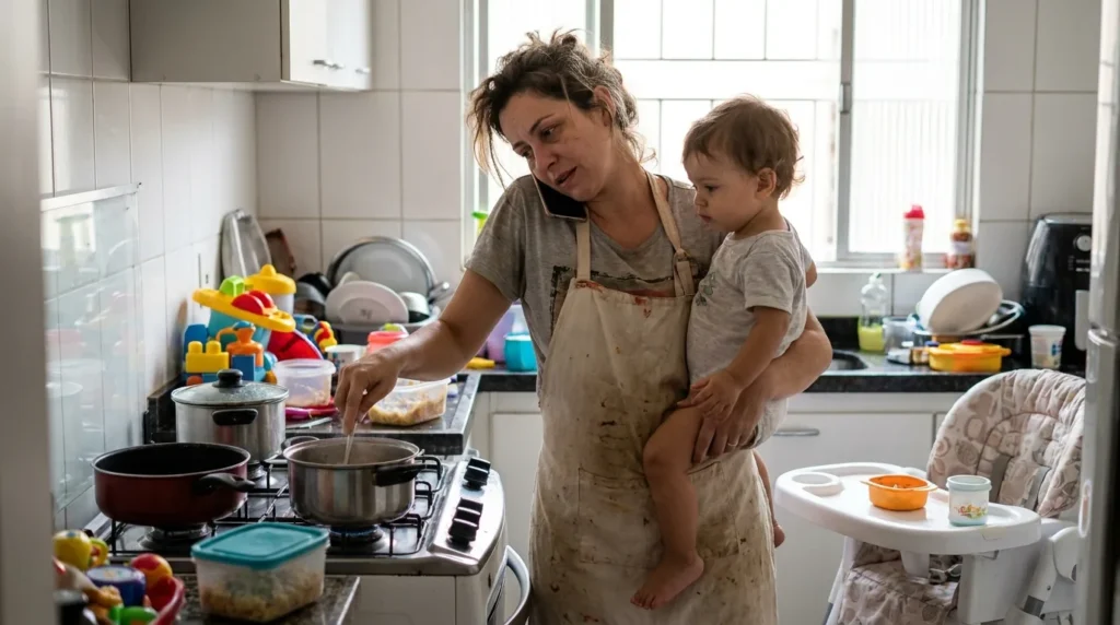 Mãe com criança no colo lidando com várias tarefas ao mesmo tempo na cozinha