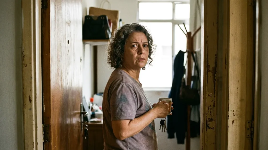 Adulto parado na porta com chaves na mão, sem lembrar o que ia fazer no cômodo