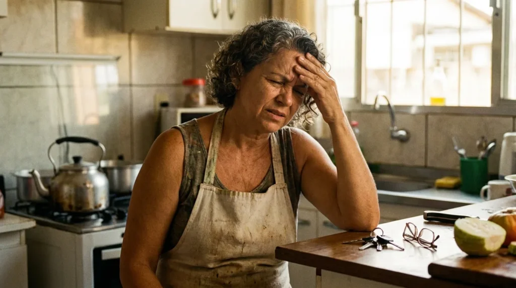 Mulher de cerca de 50 anos com a mão na testa tentando lembrar de uma tarefa na cozinha