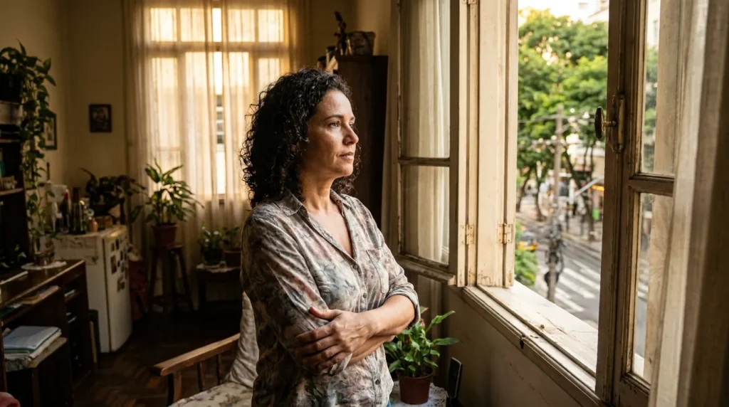 Mulher de cerca de 40 anos junto à janela, refletindo sobre o diagnóstico tardio de TDAH