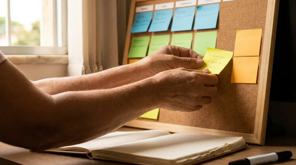 Mãos colando post-its coloridos em quadro de planejamento semanal de rotina