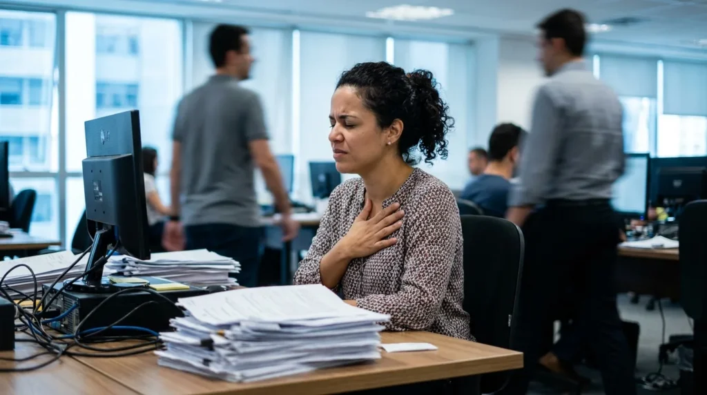 Mulher com a mão no peito em escritório movimentado, sinal de ansiedade e sobrecarga