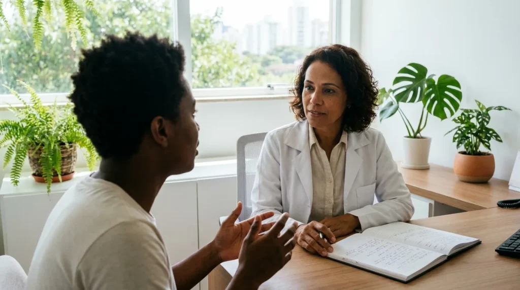 Médica em consultório conversando com paciente adulto sobre diagnóstico de TDAH