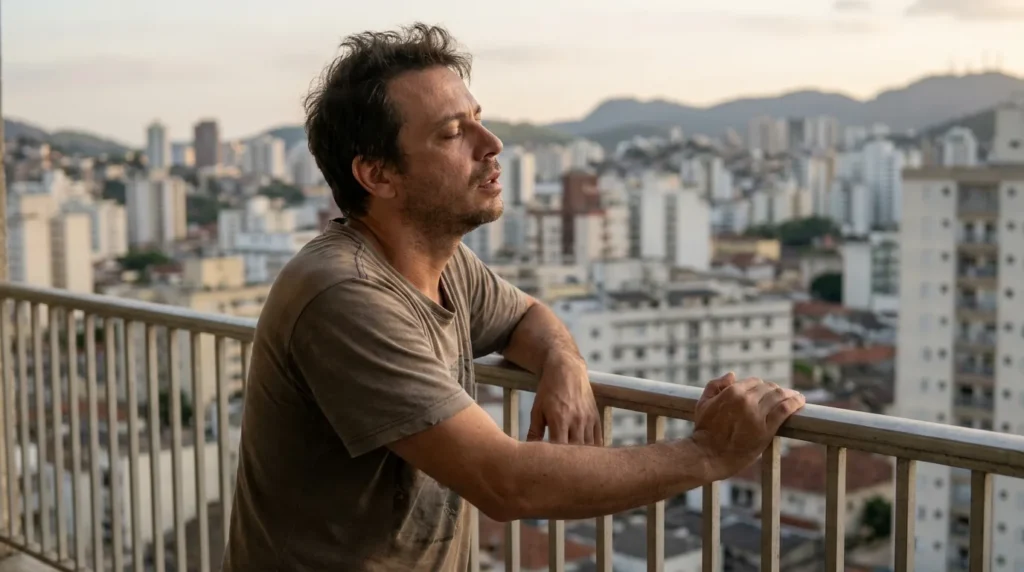 Homem respirando fundo na varanda para se acalmar após episódio de desregulação emocional