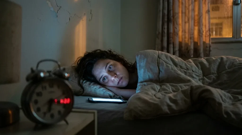 Mulher acordada na cama de madrugada com o rosto iluminado pela tela do celular