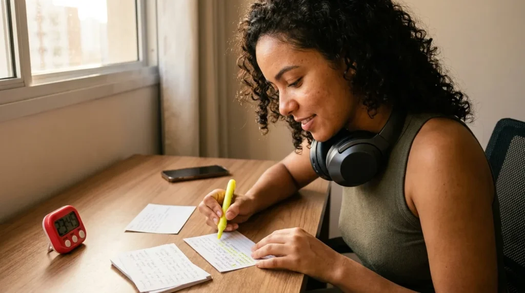 Estudante usando timer, flashcards e fones para blocos de foco no estudo com TDAH