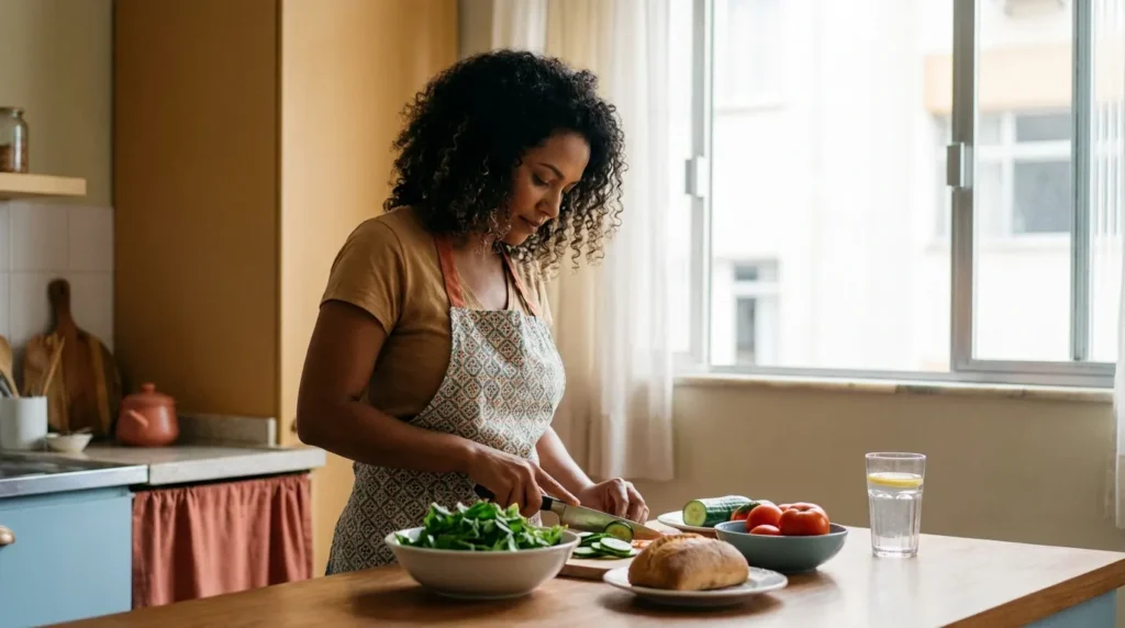 Imagem ilustrativa: preparo de refeicao equilibrada na cozinha