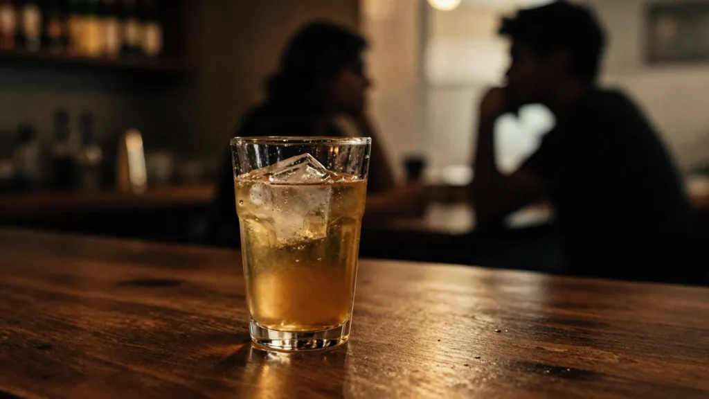 Imagem ilustrativa: copo deixado sobre mesa de bar com pessoa pensativa ao fundo