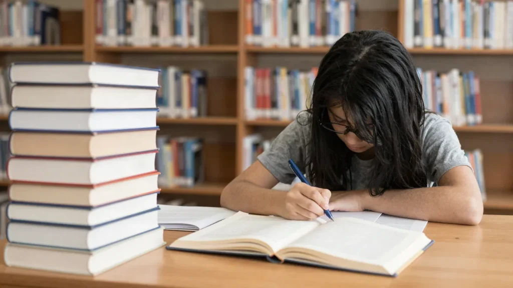 Imagem ilustrativa: estudante de costas em biblioteca universitaria