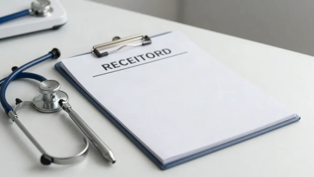 Imagem ilustrativa: consultorio medico com bloco de receituario em branco sobre a mesa